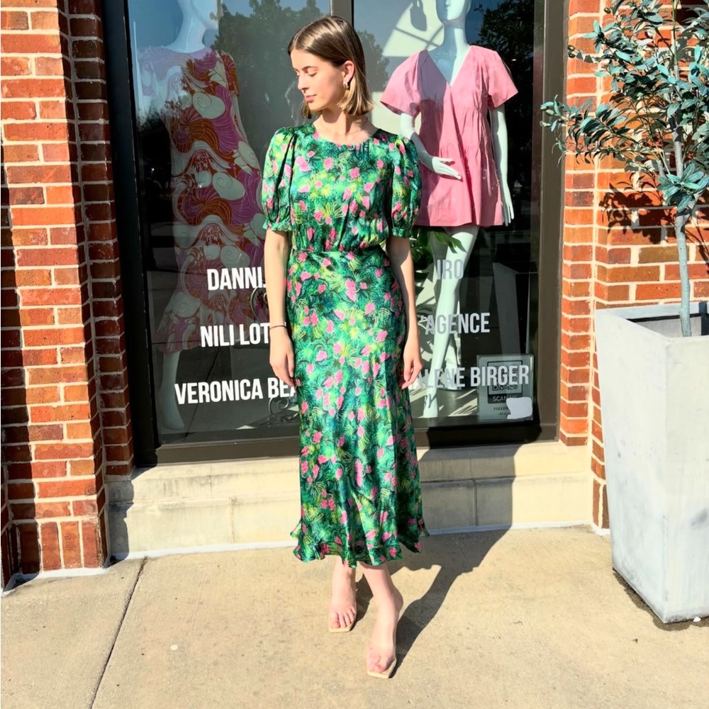 Saloni Vida D ruffle floral print silk satin dress